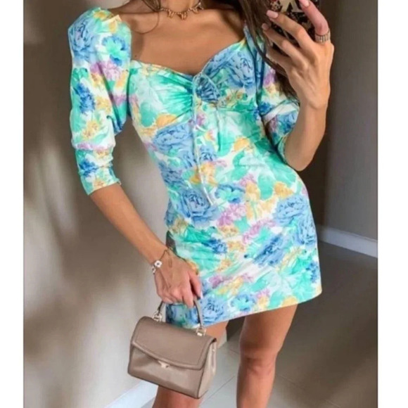 Zara Floral Poplin Sweetheart Mini Dress Blogger Fav Size Small - Picture 1 of 11